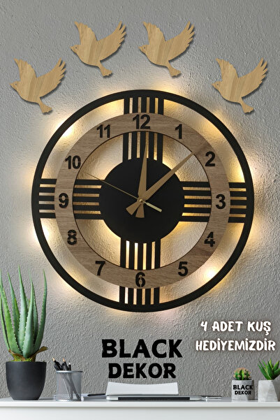 Blackdekor Sonoma Renkli LED Işıklı Modern Ahşap Duvar Saati | Şık ve Dekorat...