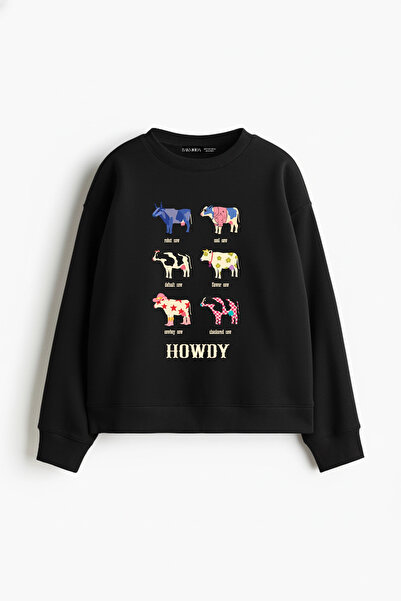 Sokak Butik Howdy Cows Baskılı Kapüşonsuz Relaxed Fit Kadın Siyah Sweatshirt