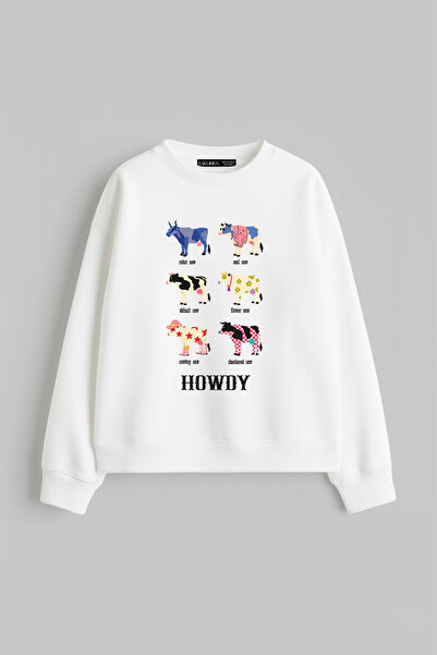 Sokak Butik Howdy Cows Baskılı Kapüşonsuz Relaxed Fit Beyaz Sweatshirt