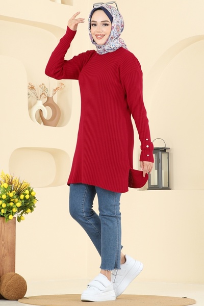 ModaMerve Manşeti Aksesuar Düğmeli Tunik 2714AYD574-MS Kırmızı