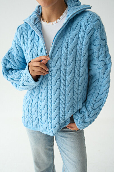 LOOSH Kadın Mavi Yakası Fermuarlı Örgü Desen Oversize Kazak