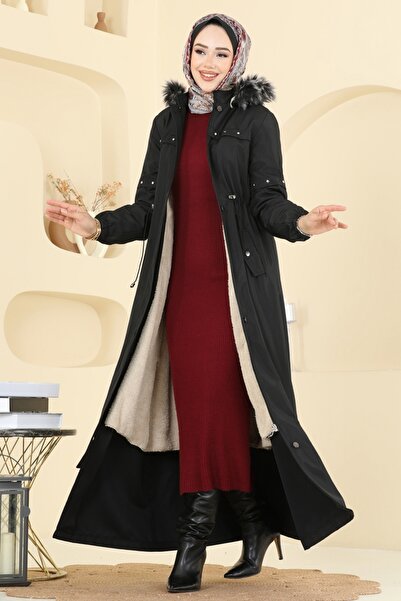 ModaMerve Taş Detaylı Bondit Trençkot 2823MSA980-MS Siyah