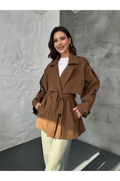 Elif Özbey Butik Taba Premium Kuşaklı Trençkot