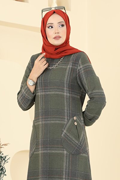 ModaMerve Aksesuar Düğmeli Ekose Tunik 6899S324-MS Haki