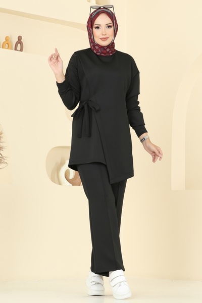 ModaMerve Yandan Bağcık Detaylı Scuba Takım 2728SL432-MS Siyah