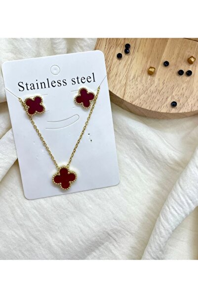 GUNESTAKI 316L Çelik Gold Bordo Küpe Kolye Seti