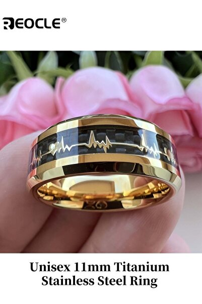 REOCLE Unisex Titanium 201 Stainless Steel Ring with Heartbeat Carbon Fiber Inlay