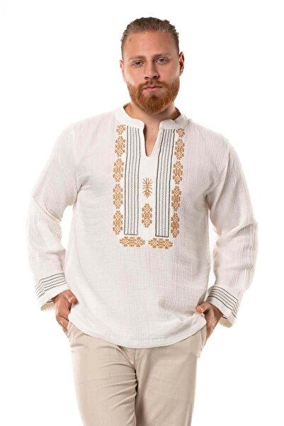 Eliş Şile Bezi Довгий рукав Ібіца з вишивкою Муслін Чоловічий літній футболка Білий KrkByz