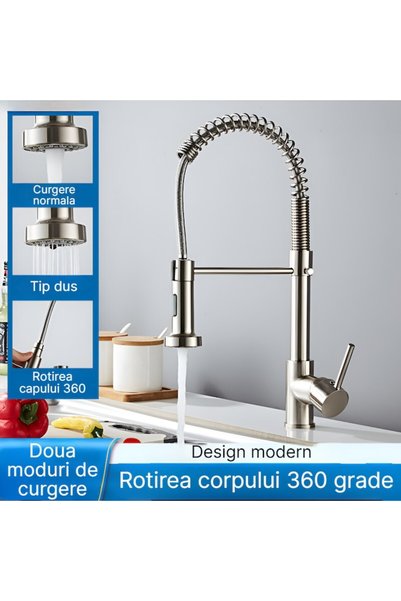 BiXXBi Baterie chiuvetă bucătărie Kitchen Flex – rotație 360°, cartuș ceramic, finisaj PVD, alamă, gri