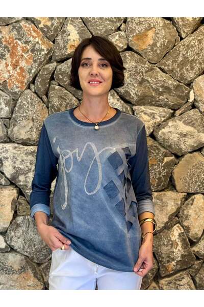 Punta Otantik NC58377 Hanorac italian cu gât rotund, cu litere Joy, albastru