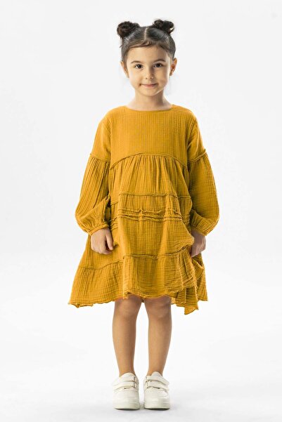 Eliş Şile Bezi Long Sleeve Ilay Summer Muslin Children's Dress Mustard Hrd