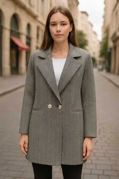 ECK MODA Γυναικείο παλτό με σχέδιο ψαροκόκαλο, μοντέλο oversize με επένδυση και εσωτερική τσέπη