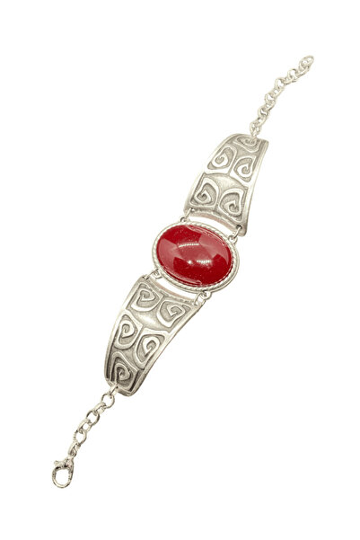 FM Red Stone Silver Color Ethnic Casting Plated Bijouterie Bracelet |   Adjus...