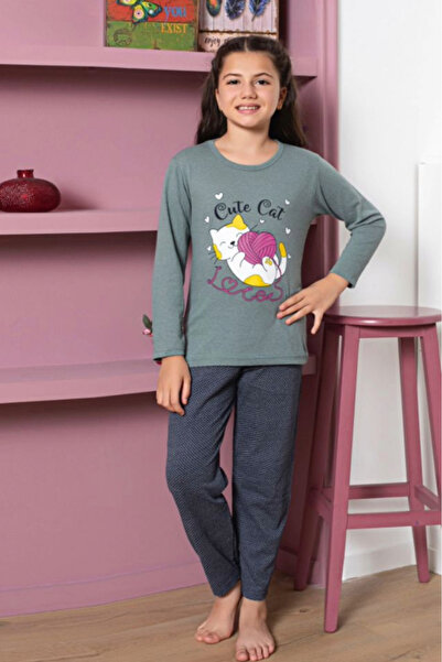 embody Girls' pyjamas, cotton, long sleeves and trousers, Cute Cat print, green