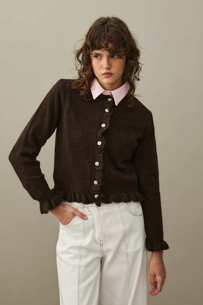 Fahhar Thin Ruffled Mohair Cardigan Brown