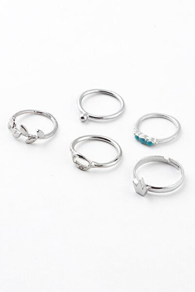 Sortie Aksesuar مجموعة خواتم مكونة من 5 قطع مع تصميم المينا الزرقاء وأوراق الشجر