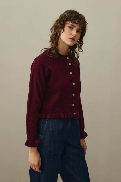 Fahhar Thin Ruffled Mohair Cardigan Burgundy