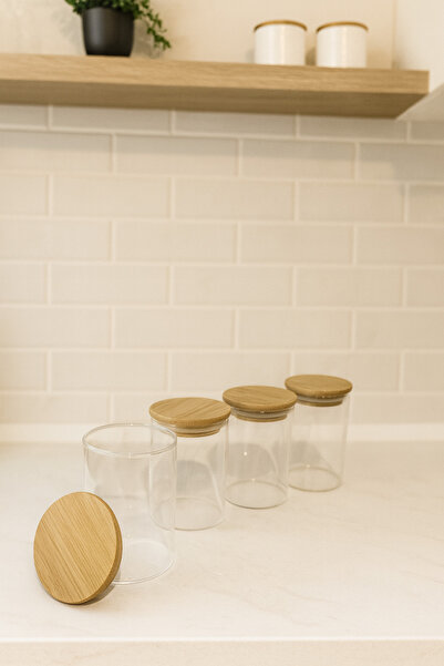 MEYA PİNE Bambu Kapaklı Vakumlu Borosilikat Cam Kavanoz 4 Adet 8.5cm X 6 Cm 2...
