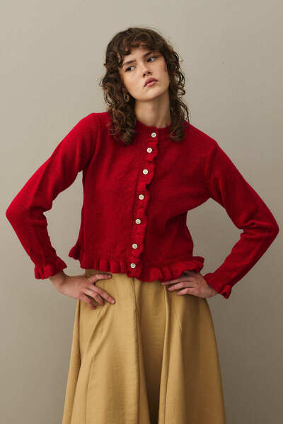 Fahhar Thin Ruffled Mohair Cardigan Red