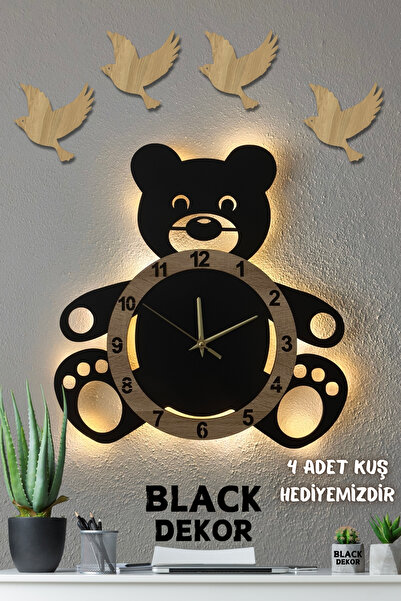 Blackdekor Ayı Figürlü LED Işıklı Sonoma Renkli Ahşap Duvar Saati | Çocuk Oda...
