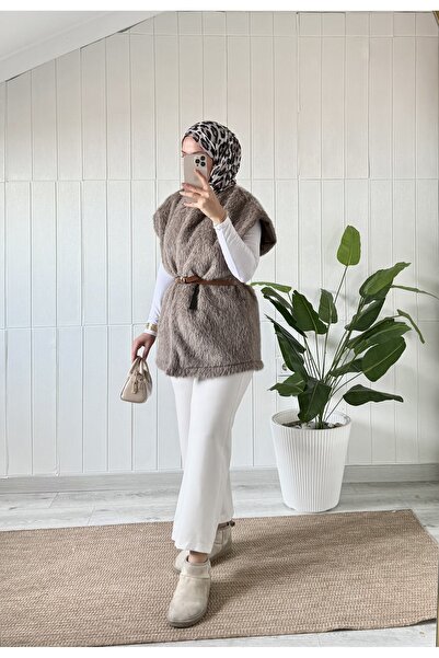 Mira İpek Γούνινο γιλέκο με ζώνη Γυναικείο γιλέκο με ζώνη με σάλι Δώρο