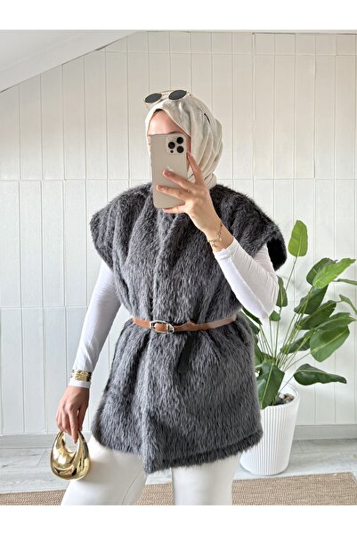 Mira İpek Жіночий жилет з хутром і поясом Жіночий жилет з поясом і шаллю в подарунок