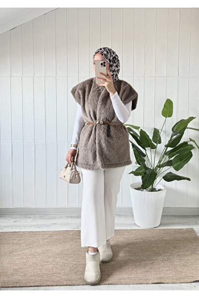 Mira İpek Γούνινο γιλέκο με ζώνη Γυναικείο γιλέκο με ζώνη με σάλι Δώρο