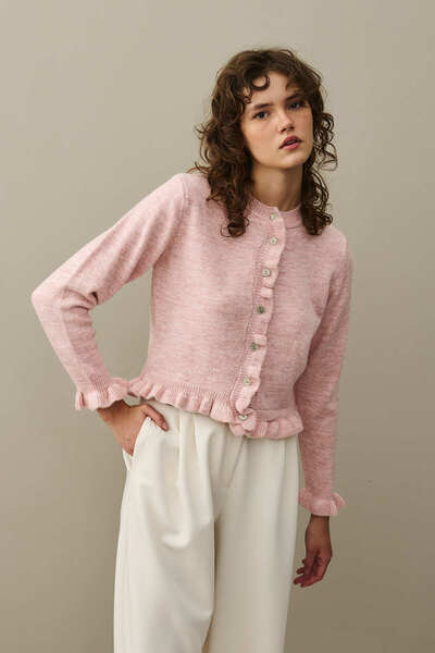 Fahhar Thin Ruffled Mohair Cardigan Pink