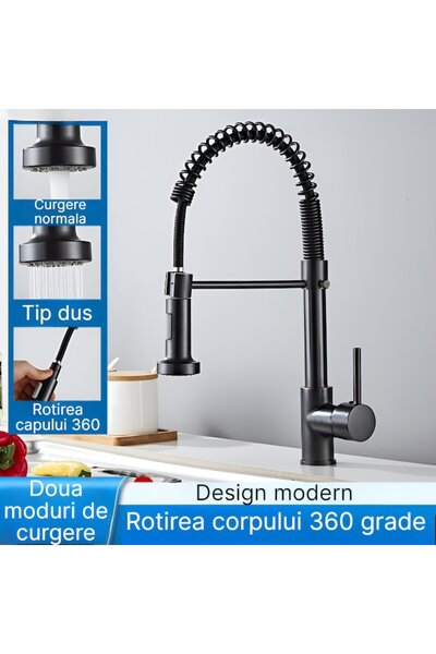 BiXXBi Baterie bucătărie Kitchen Flex - rotație 360°, cartuș ceramic, PVD, alamă, negru