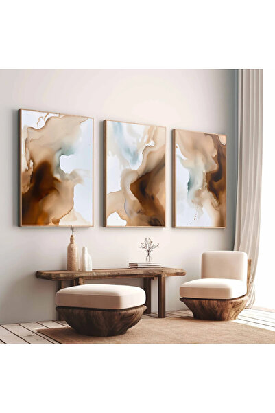 PAM STUDIO Kahverengi Bej Tonlarında Soyut 3’lü Tablo Seti – Modern Minimal D...