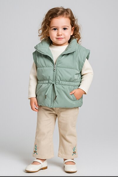 Bebüş Girl's Zipper Closure Puffer Vest Badi Blouse Sweater Embroidery Work Linen Pants Set