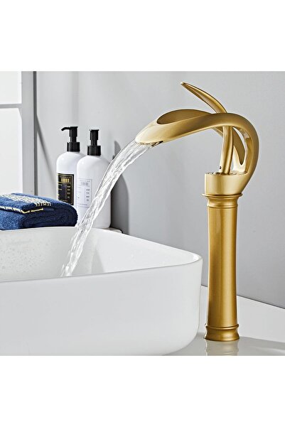 Flextail حنفية حوض غسيل فاخرة ذهبية اللون بتصميم شلال، حنفية فاخرة بذراع واحد...