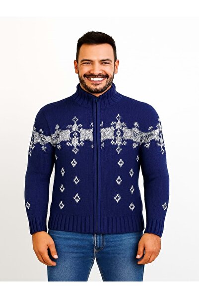 Tarz Cool T00575 Men's Patterned Knitwear Cardigan - Blue - St00575-Blue-Xl