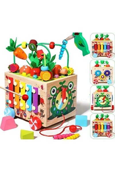 OEM Montessori Activity Cube 9-in-1 - Fishing, Xylophone, Fruit Sorting Wooden Toy