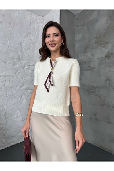 Elif Özbey Butik Ecru Scarf Short Sleeve Soft Knitwear