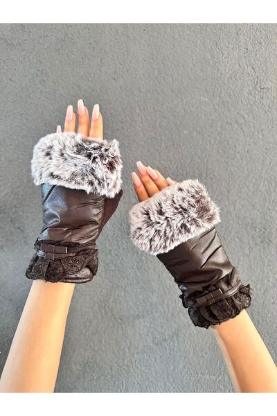 Gönülden Tasarım Kürklü Parmaksız Dantelli Deri Kadın Eldiven