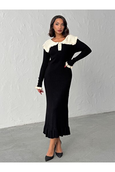 BEJNA Γυναικείο μαύρο μακρύ πλεκτό φόρεμα με πέρλες και κουμπιά με βολάν