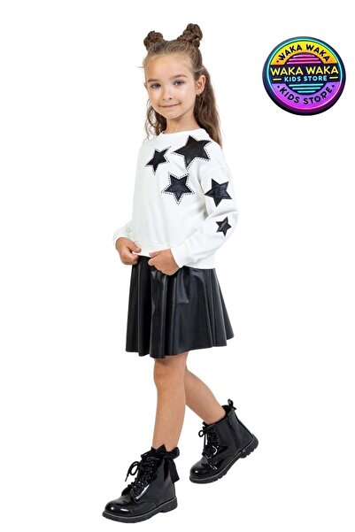 ww waka waka kids store مجموعة سويت ستار مطبوع من الجلد الأسود للفتيات – طقم كاجوال أنيق