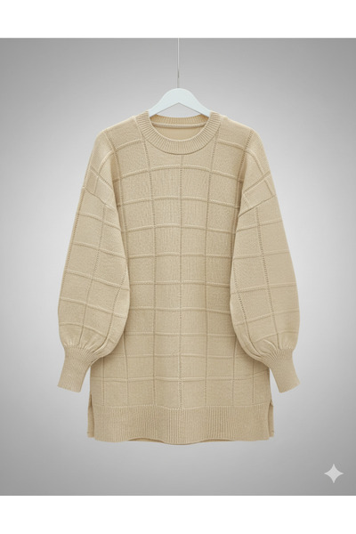 FERHEL Square Pattern Detailed Soft Yarn Knit Sweater Tunic