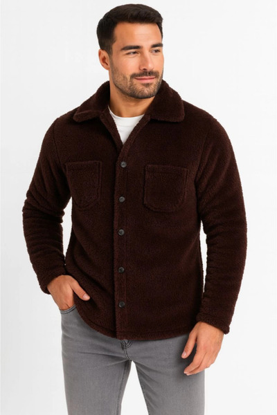modaserdem Men's Plush Fleece Cardigan Shirt – Collared, Buttoned, Chest Pocket, Soft Textured Winter Wear