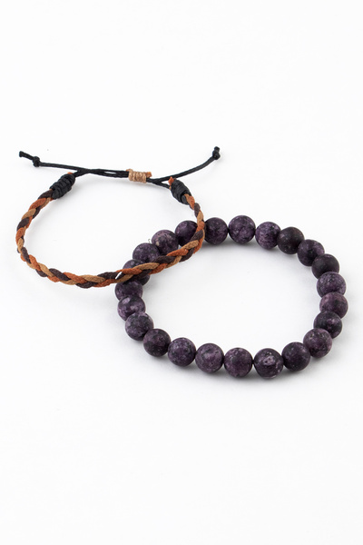 Sortie Aksesuar مجموعة مزيج من حبل الماكرامي القابل للتعديل وسوار الحجر الطبيعي