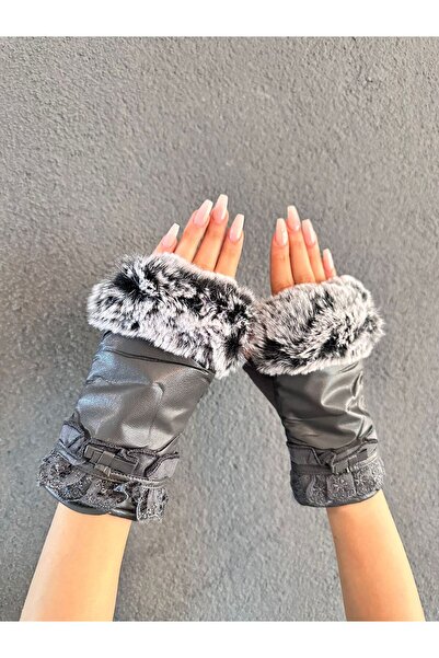 Gönülden Tasarım Fur-Free Fingerless Lace-Up Leather Women's Gloves