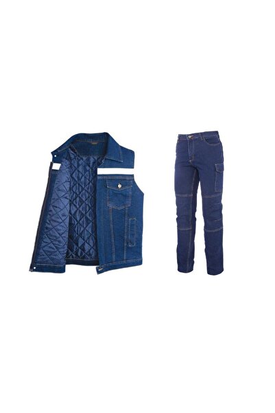 MyForm Kot İş Takımı Likralı Kot Pantolon ve Reflektörlü Kapitoneli İş Yeleği...