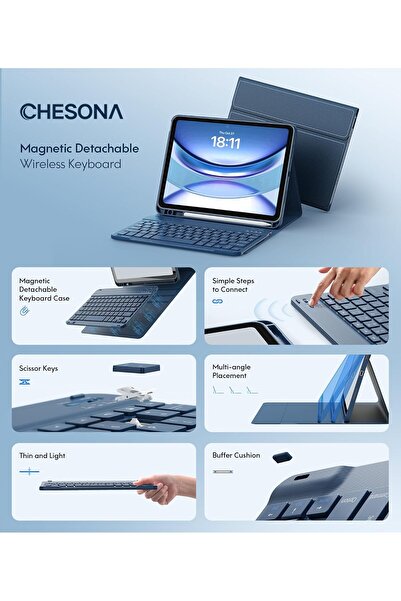 CHESONA Keyboard Case for iPad (A16) 11th & 10th Gen – Detachable Wireless Keyboard, Steel Blue