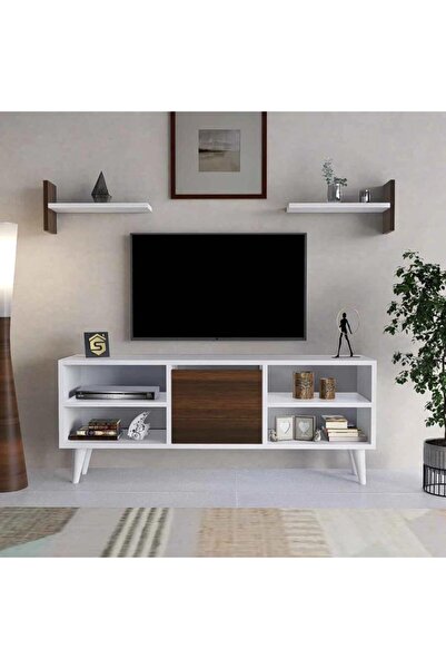 Stylish Home TV stand for small spaces, white and brown with shelves, model TV35