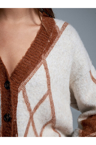 Dilvin 60989 Baklava Patterned Alpaca Blend Knitwear Cardigan-Caramel