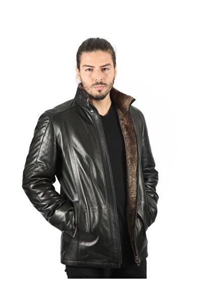 vivamood Oney Erkek Yün İçlikli Jumbo Baskılı Kuzu Deri Kaban-XL