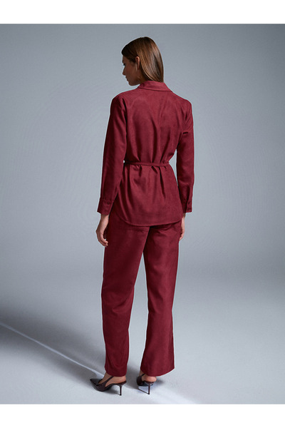 Dilvin 50518 Belted Suede Shirt-Burgundy