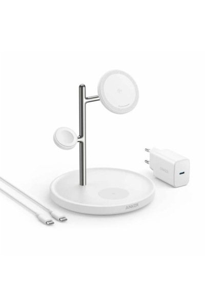 Anker Stație de încărcare pentru iPhone, AirPods Pro și Apple Watch, 15W, încărcător cu cablu USB-C - Alb
