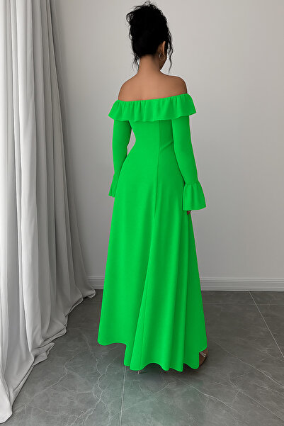 Deafox Light Green Madonna Collar Ruffle Detail Long Sleeve Crepe Fabric Dress